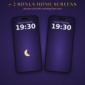 May include: Two smartphones displaying a dark purple night sky wallpaper with white stars. The screens show the time 19:30 and the date Sunday 27 September. One screen features a small yellow crescent moon icon. Text at the top reads + 2 BONUS HOME SCREENS pair your card with a matching home screen.