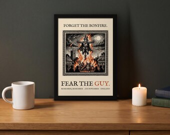 Guy Fawkes Bonfire Night Art Print, Folk Horror Woodcut Style (A4)