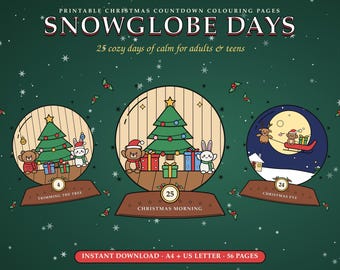 Può includere: Pagine da colorare natalizie stampabili intitolate SNOWGLOBE DAYS con 25 giorni di disegni. Tre illustrazioni circolari di palle di neve mostrano un albero di Natale con un orso e un coniglio, e una scena notturna con una slitta, etichettate 4, 25 e 24.