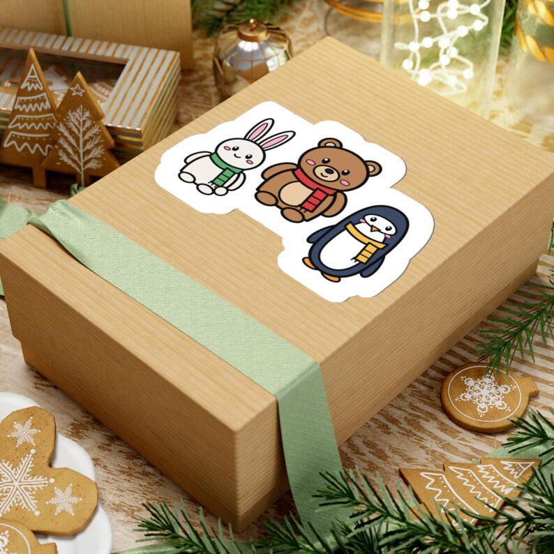 Kawaii Christmas Sticker, Bunny Bear Penguin Kiss-Cut Vinyl Decal (1 Sticker, 3-6 Inch) image 9
