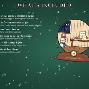 May include: A digital advent calendar set featuring 25 snow-globe coloring pages, daily countdown pages with trackers, a title page, and a color test page. The graphic shows a snow-globe illustration with a rabbit, cookies, and the text Cookies for Santa.