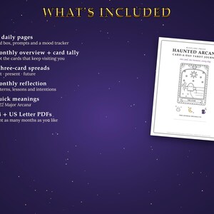 May include: A digital product listing titled Haunted Arcana Card-A-Day Tarot Journal. The text lists features including 31 daily pages, monthly overview, card tally, three-card spreads, monthly reflection, quick meanings, and A4 plus US Letter PDFs.
