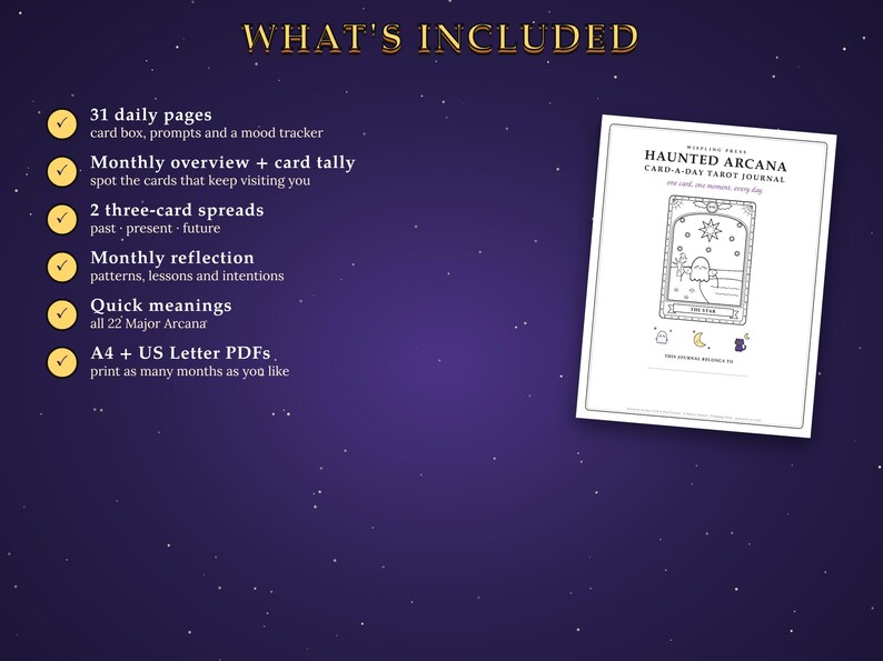 May include: A digital product listing titled Haunted Arcana Card-A-Day Tarot Journal. The text lists features including 31 daily pages, monthly overview, card tally, three-card spreads, monthly reflection, quick meanings, and A4 plus US Letter PDFs.
