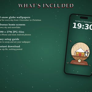 May include: A digital product listing featuring a smartphone displaying a Christmas-themed snow globe wallpaper with a gingerbread house and penguin. Text lists 25 wallpapers, 2 home screens, 1290 x 2796 JPG files, a setup guide, and instant download.