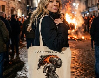 Tar Barrel Devil Tote Bag, Bonfire Night Folk Horror, Woodcut Style (Organic Cotton)