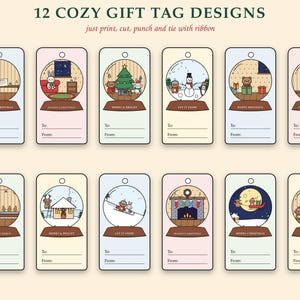 Pu&ograve; includere: Dodici etichette regalo rettangolari con illustrazioni di palle di neve a tema natalizio, tra cui orsi, conigli, pupazzi di neve e alberi di Natale. Ogni etichetta ha un foro e linee per To e From. Testo: 12 COZY GIFT TAG DESIGNS.