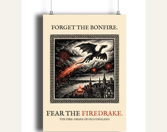 Firedrake Dragon Art Print, Bonfire Night Folk Horror, Woodcut Style (A4 Giclée)