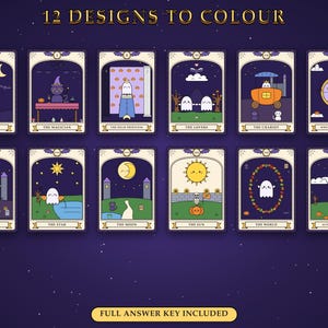 May include: A set of 12 tarot-style cards featuring cute ghost and Halloween illustrations with the text 12 DESIGNS TO COLOUR and FULL ANSWER KEY INCLUDED. Each card displays a unique character or scene, including a ghost, cat, and pumpkin.