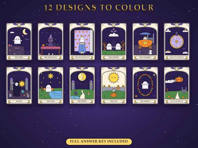 May include: A set of 12 tarot-style cards featuring cute ghost and Halloween illustrations with the text 12 DESIGNS TO COLOUR and FULL ANSWER KEY INCLUDED. Each card displays a unique character or scene, including a ghost, cat, and pumpkin.