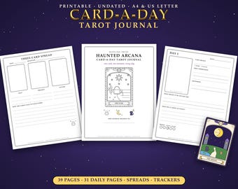 May include: A printable Haunted Arcana Card-A-Day Tarot Journal featuring three pages with layouts for a three-card spread, a cover page with a ghost illustration, and a daily log page, accompanied by a single tarot card depicting The Moon.