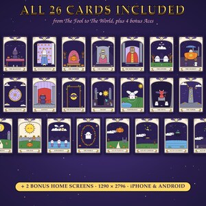 May include: A set of 26 tarot cards featuring cartoon ghost illustrations on a dark purple background. The text reads ALL 26 CARDS INCLUDED from The Fool to The World, plus 4 bonus Aces and + 2 BONUS HOME SCREENS 1290 x 2796 IPHONE & ANDROID.
