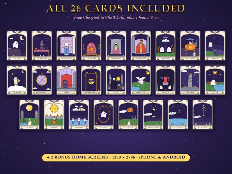 May include: A set of 26 tarot cards featuring cartoon ghost illustrations on a dark purple background. The text reads ALL 26 CARDS INCLUDED from The Fool to The World, plus 4 bonus Aces and + 2 BONUS HOME SCREENS 1290 x 2796 IPHONE & ANDROID.