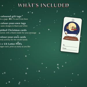 Pu&ograve; includere: Un set digitale stampabile che include 12 etichette regalo colorate, 12 etichette da colorare, 4 biglietti di Natale piegati e 4 biglietti da colorare in formato PDF A4 e US Letter. Un'etichetta mostra una palla di neve con una slitta e la scritta Merry Christmas.