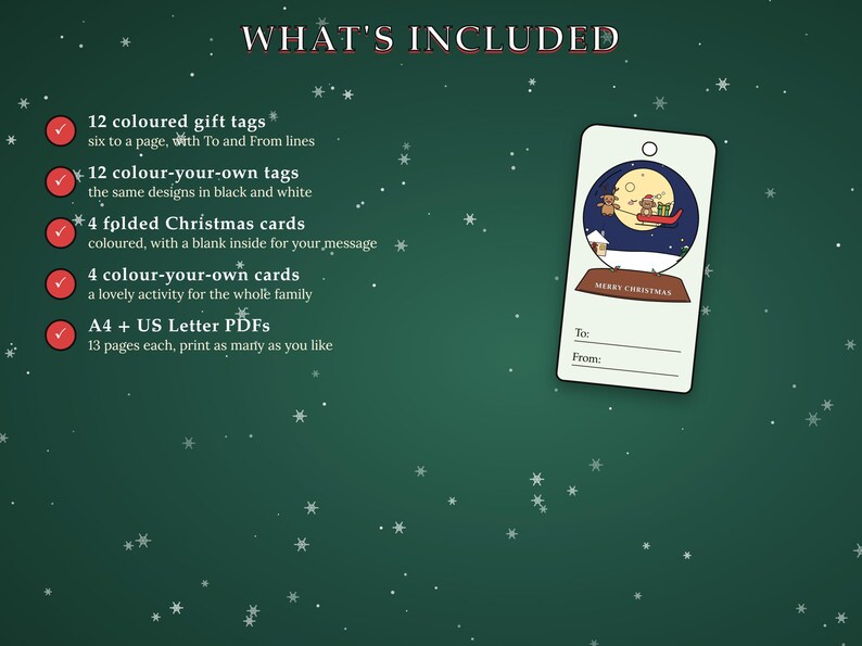 Pu&ograve; includere: Un set digitale stampabile che include 12 etichette regalo colorate, 12 etichette da colorare, 4 biglietti di Natale piegati e 4 biglietti da colorare in formato PDF A4 e US Letter. Un'etichetta mostra una palla di neve con una slitta e la scritta Merry Christmas.