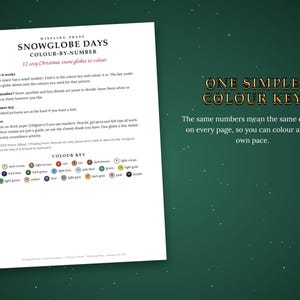 Pu&ograve; includere: Un foglio di istruzioni bianco intitolato SNOWGLOBE DAYS COLOUR-BY-NUMBER con 12 disegni di palle di neve natalizie. Include istruzioni, suggerimenti e una chiave cromatica numerata con cerchi contenenti vari colori per la colorazione.