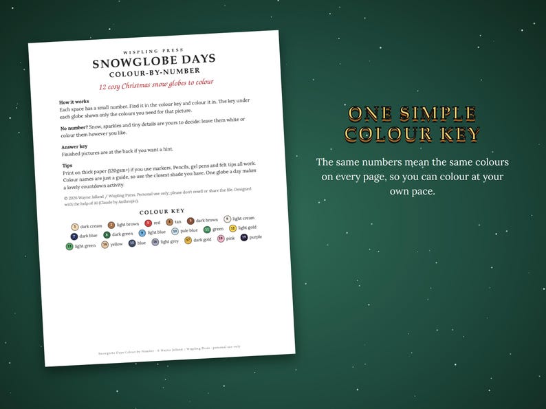 Pu&ograve; includere: Un foglio di istruzioni bianco intitolato SNOWGLOBE DAYS COLOUR-BY-NUMBER con 12 disegni di palle di neve natalizie. Include istruzioni, suggerimenti e una chiave cromatica numerata con cerchi contenenti vari colori per la colorazione.