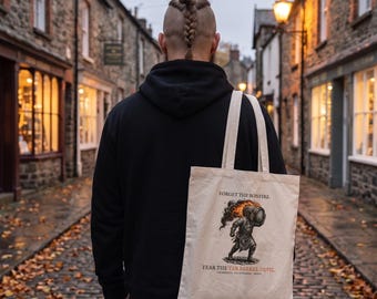 Tar Barrel Devil Tote Bag, Bonfire Night Folk Horror, Woodcut Style (Organic Cotton)