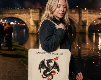 Firedrake Dragon Tote Bag, Bonfire Night Folk Horror, Woodcut Style (Organic Cotton)