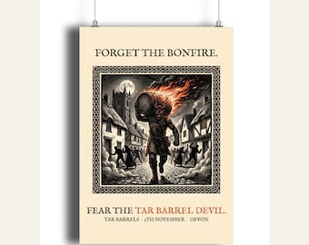Tar Barrel Devil A4 Art Print, Bonfire Night Folk Horror, Woodcut Style (Giclée Print)