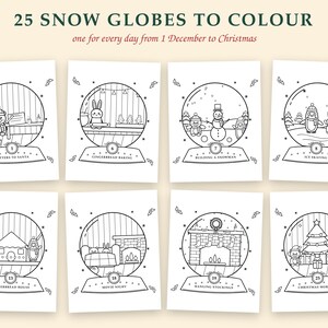May include: A collection of eight black and white coloring pages featuring circular snow globe illustrations. Each page displays a unique holiday scene with numbered labels and text including Letters to Santa, Gingerbread Baking, and Christmas Morning.