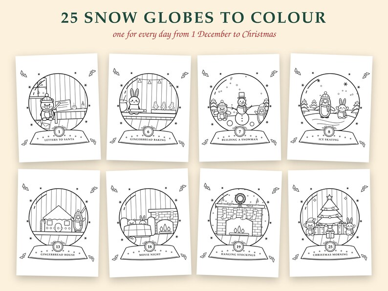 May include: A collection of eight black and white coloring pages featuring circular snow globe illustrations. Each page displays a unique holiday scene with numbered labels and text including Letters to Santa, Gingerbread Baking, and Christmas Morning.