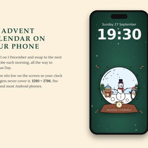 May include: A smartphone displaying a dark green digital wallpaper featuring a snow globe with a snowman, a bear, and a penguin. The screen shows the time 19:30, the date Sunday 27 September, and the text 1290 x 2796, BUILDING A SNOWMAN, and 7.