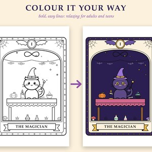 Pu&ograve; includere: Una pagina da colorare intitolata COLOUR IT YOUR WAY che mostra una versione in bianco e nero e una versione a colori di una carta dei tarocchi etichettata THE MAGICIAN. La carta raffigura un gatto con un cappello da mago su un tavolo.