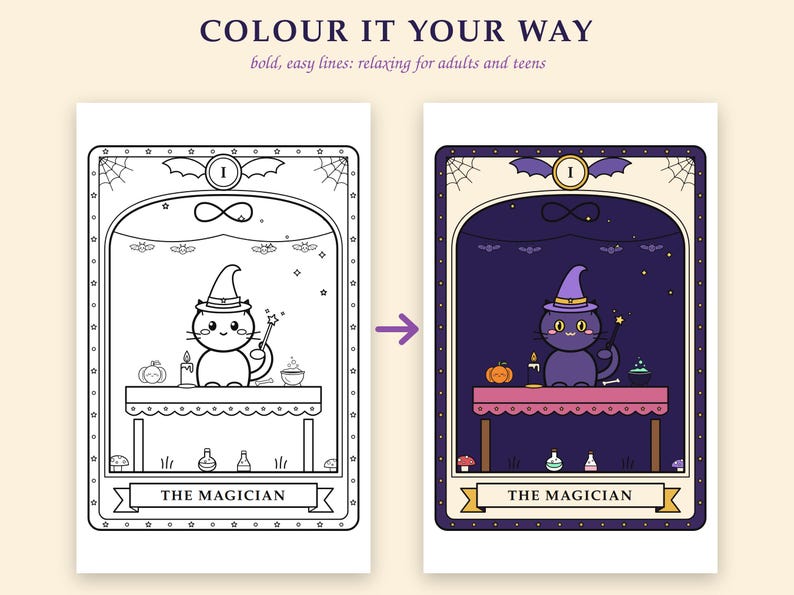 Pu&ograve; includere: Una pagina da colorare intitolata COLOUR IT YOUR WAY che mostra una versione in bianco e nero e una versione a colori di una carta dei tarocchi etichettata THE MAGICIAN. La carta raffigura un gatto con un cappello da mago su un tavolo.