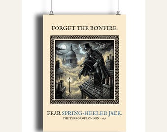Spring-Heeled Jack A4 Art Print, Bonfire Night Folk Horror, Woodcut Style (Giclée Print)