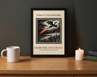 Firedrake Dragon Art Print, Bonfire Night Folk Horror, Woodcut Style (A4 Giclée)