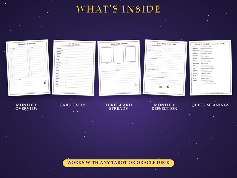 May include: Five white paper sheets with black text and lines titled Monthly Overview, Card Tally, Three-Card Spread, Monthly Reflection, and Quick Meanings - Major Arcana. The text WHAT'S INSIDE appears at the top and WORKS WITH ANY TAROT OR ORACLE DECK at the bottom.