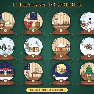 Pu&ograve; includere: Una collezione di 12 illustrazioni circolari intitolate 12 DESIGNS TO COLOUR, con scene festive come costruire un pupazzo di neve, cucinare e il mattino di Natale. Ogni grafica a palla di neve include un'etichetta numerata e base marrone.