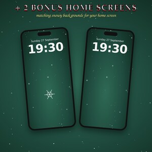 May include: Two smartphones displaying a dark green digital wallpaper with a snowy effect. The screens show the time 19:30, the date Sunday 27 September, and a small white spiderweb icon. Text at the top reads + 2 BONUS HOME SCREENS.
