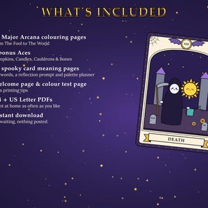 Pu&ograve; includere: Un set di libri da colorare digitale con 22 pagine degli Arcani Maggiori, 4 Assi bonus e 26 pagine con i significati delle carte. Il testo elenca i contenuti, inclusi una pagina di benvenuto, consigli per la stampa e formati PDF A4 o US Letter.