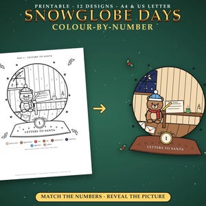 Pu&ograve; includere: Un foglio di attivit&agrave; da colorare con i numeri intitolato Snowglobe Days con un disegno di Lettere a Babbo Natale. La pagina mostra un globo di neve in bianco e nero con un orso che scrive una lettera, accanto a una versione colorata dell'immagine.