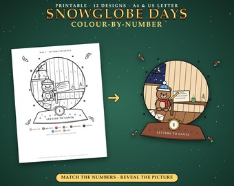 Può includere: Un foglio di attività da colorare con i numeri intitolato Snowglobe Days con un disegno di Lettere a Babbo Natale. La pagina mostra un globo di neve in bianco e nero con un orso che scrive una lettera, accanto a una versione colorata dell'immagine.