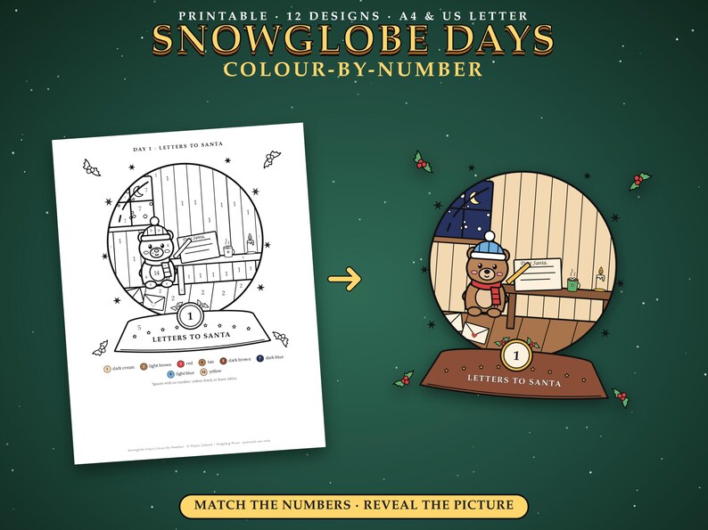 Pu&ograve; includere: Un foglio di attivit&agrave; da colorare con i numeri intitolato Snowglobe Days con un disegno di Lettere a Babbo Natale. La pagina mostra un globo di neve in bianco e nero con un orso che scrive una lettera, accanto a una versione colorata dell'immagine.