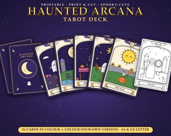 May include: A Haunted Arcana tarot deck featuring 26 printable cards in color and a color-your-own version. The cards display cartoon-style illustrations of ghosts, pumpkins, skeletons, and the sun, with text including The Sun and Death.
