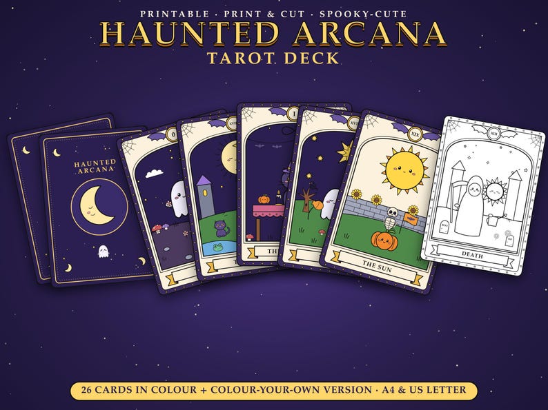Op de afbeelding: Een Haunted Arcana tarotdeck met 26 printbare kaarten in kleur en een versie om zelf in te kleuren. De kaarten tonen cartoonachtige illustraties van geesten, pompoenen, skeletten en de zon, met teksten zoals The Sun en Death.