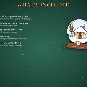 Pu&ograve; includere: Un elenco di prodotti digitali intitolato WHAT'S INCLUDED che presenta 12 pagine da colorare con i numeri di palle di neve natalizie, una legenda dei colori su ogni pagina, una legenda completa con suggerimenti, una chiave di risposta e PDF A4 e US Letter.