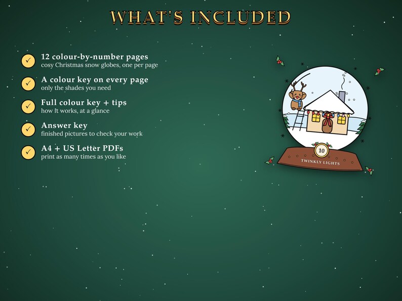 Pu&ograve; includere: Un elenco di prodotti digitali intitolato WHAT'S INCLUDED che presenta 12 pagine da colorare con i numeri di palle di neve natalizie, una legenda dei colori su ogni pagina, una legenda completa con suggerimenti, una chiave di risposta e PDF A4 e US Letter.