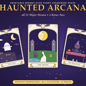 Pu&ograve; includere: Pagine da colorare di tarocchi stampabili intitolate HAUNTED ARCANA, con 22 arcani maggiori e 4 assi bonus. Sono mostrate tre carte: Il Matto con un fantasma, La Luna con una luna crescente e un gatto, e Il Mago con un gatto stregone.