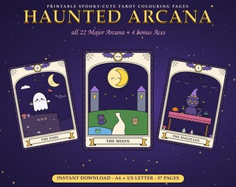 May include: Printable tarot coloring pages titled HAUNTED ARCANA, featuring 22 Major Arcana and 4 bonus Aces. Three cards are displayed: The Fool with a ghost, The Moon with a crescent moon and cat, and The Magician with a cat in a witch hat.