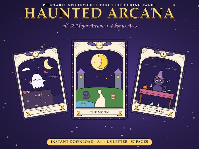 Pu&ograve; includere: Pagine da colorare di tarocchi stampabili intitolate HAUNTED ARCANA, con 22 arcani maggiori e 4 assi bonus. Sono mostrate tre carte: Il Matto con un fantasma, La Luna con una luna crescente e un gatto, e Il Mago con un gatto stregone.