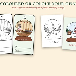 Pu&ograve; includere: Due etichette regalo rettangolari e due cartoline rettangolari con illustrazioni di palle di neve. Le etichette mostrano un coniglio con il testo Joy to the World, e le cartoline mostrano un pupazzo di neve con il testo Let It Snow. Ogni design &egrave; disponibile in bianco e nero o a colori.