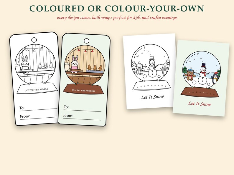 Pu&ograve; includere: Due etichette regalo rettangolari e due cartoline rettangolari con illustrazioni di palle di neve. Le etichette mostrano un coniglio con il testo Joy to the World, e le cartoline mostrano un pupazzo di neve con il testo Let It Snow. Ogni design &egrave; disponibile in bianco e nero o a colori.