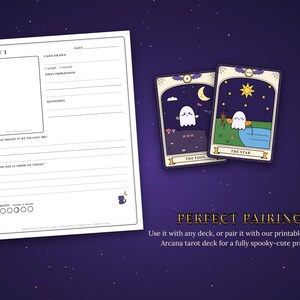May include: A white tarot journal page with sections for date, card drawn, first impression, keywords, and reflection prompts, alongside two tarot cards featuring ghost illustrations labelled The Fool and The Star with a dark purple starry background.