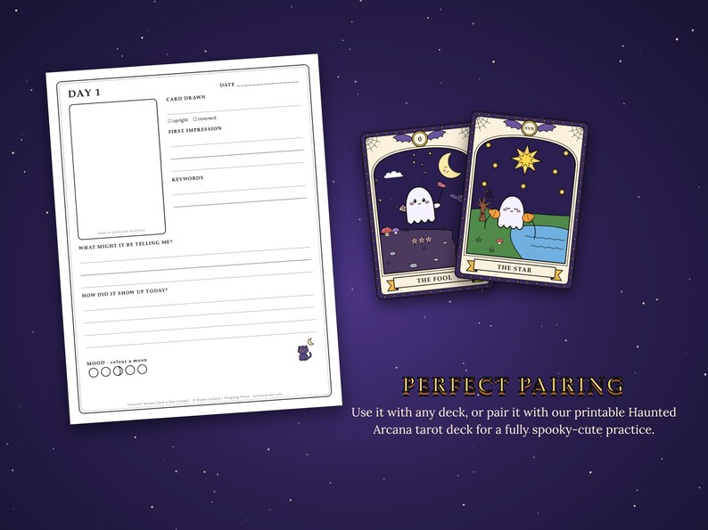 May include: A white tarot journal page with sections for date, card drawn, first impression, keywords, and reflection prompts, alongside two tarot cards featuring ghost illustrations labelled The Fool and The Star with a dark purple starry background.