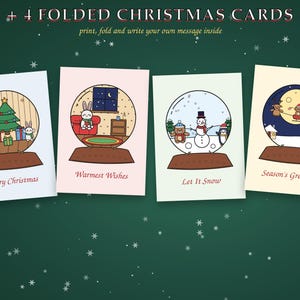 Pu&ograve; includere: Quattro biglietti di Natale pieghevoli con illustrazioni di palle di neve. I biglietti mostrano scene con un albero, un coniglio in una stanza, un pupazzo di neve con animali e una renna che traina una slitta. Testo: Merry Christmas, Warmest Wishes, Let It Snow, Season's Greetings.