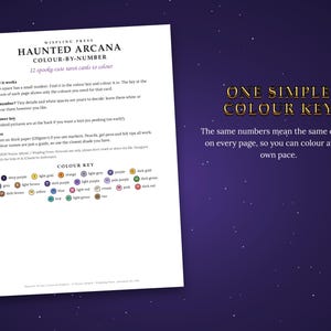 May include: A white instructional page titled Haunted Arcana Colour-By-Number with 12 spooky-cute tarot cards to color. It includes a how-it-works section, tips, and a numbered color key with circles containing colors like deep purple, gold, and red.